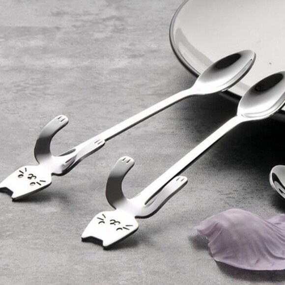 Cat Spoons Tea Spoons Stirrers Cup Hugging Kitty Cats Stainless Steel 2 PC Set - Picture 8 of 16